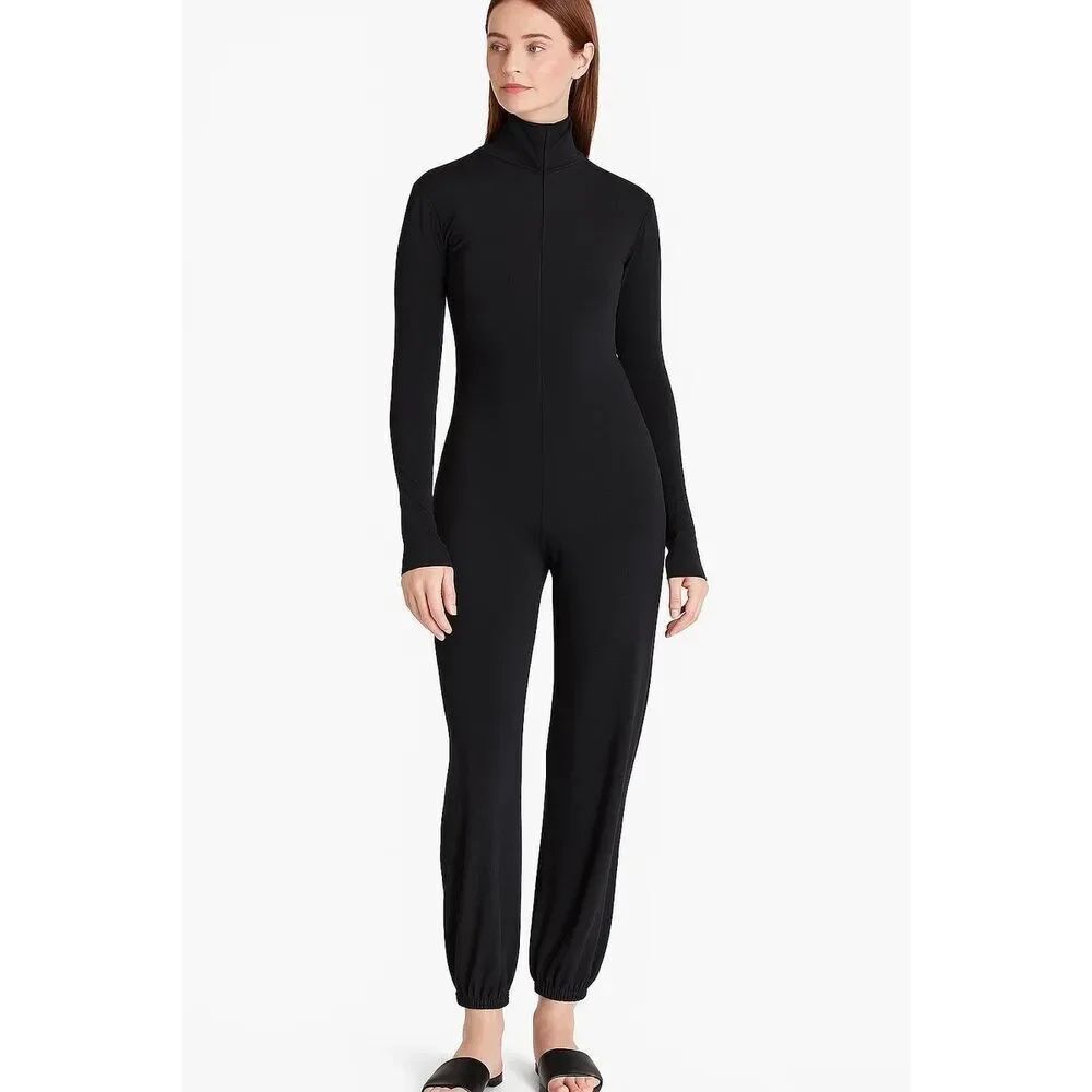 Norma Kamali Black Long Sleeve Stretch Turtleneck Jogger Jumpsuit Size Large